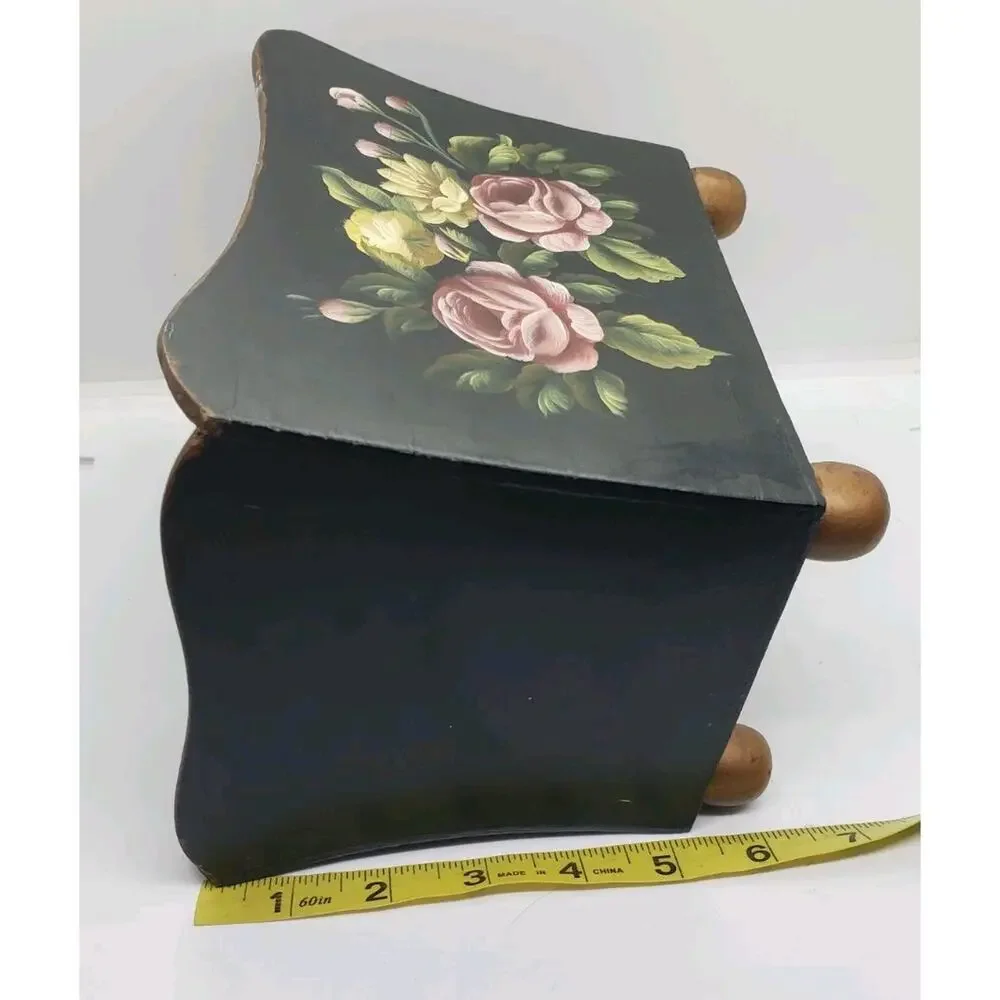 Vintage Toleware Hand Painted Roses Black Jardiniere Cache Pot Decor Vanity - Picture 12 of 12